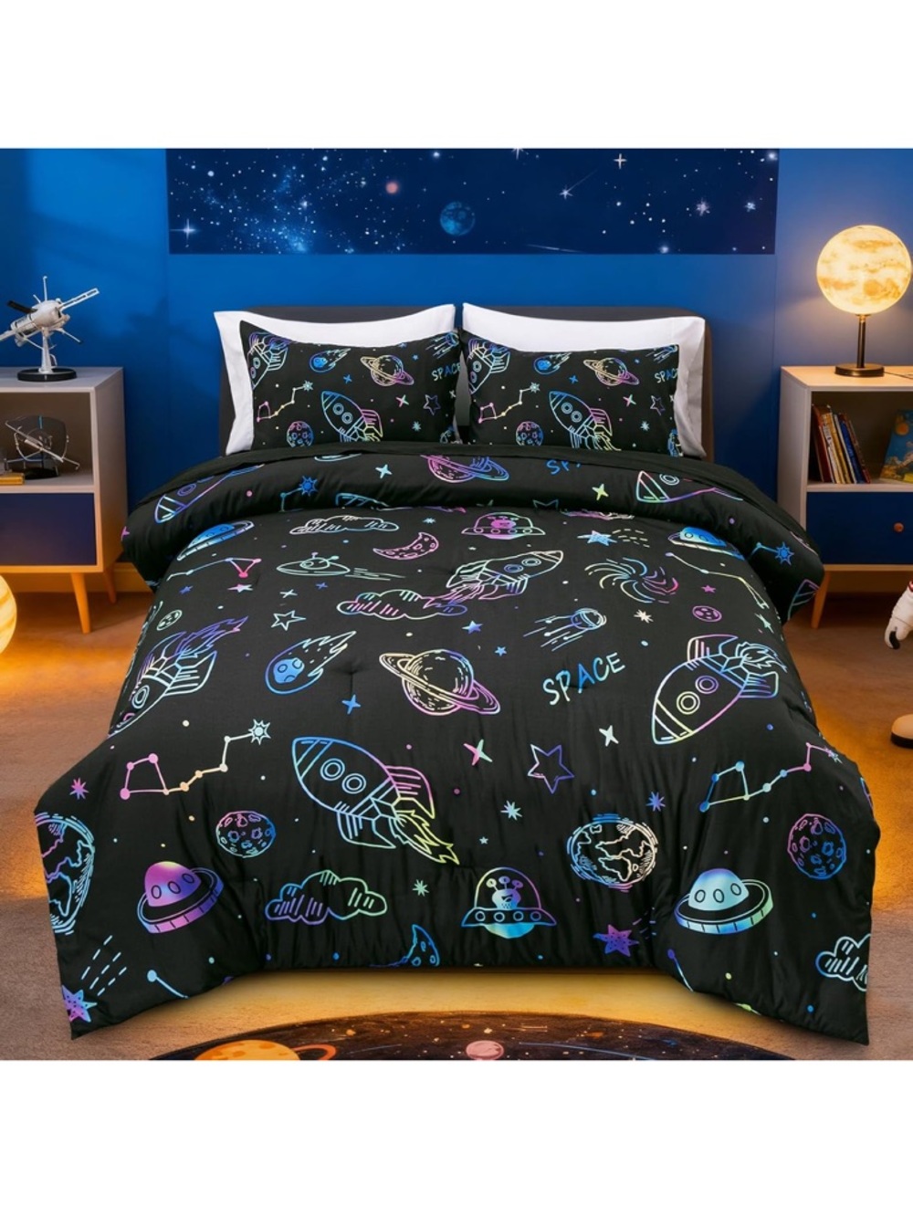 Space Rocket Print Bedding Set - Black
